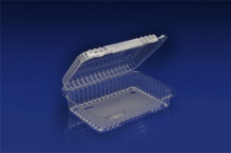 CHC-932<br></br>  9″ OBLONG CLEAR HINGED CONTAINER / MEDIUM DEPTH <br></br> 6 Tiers x 4 cases per tier = 24 cases per pallet