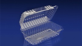 CHC-935<br></br> 9” MEDIUM OBLONG CLEAR HINGED CONTAINER—LOAF CAKE/HOAGIE <br></br>4 Tiers x 11 cases per tier = 44 cases per pallet