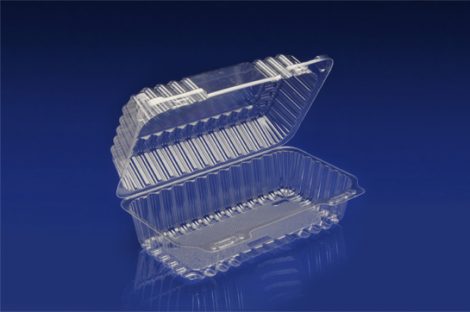 CHC-935<br></br> 9” MEDIUM OBLONG CLEAR HINGED CONTAINER—LOAF CAKE/HOAGIE <br></br>4 Tiers x 11 cases per tier = 44 cases per pallet