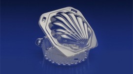 CSS-6X25<br></br> 6″ CLEAR HINGED CONTAINER, SEASHELL DESIGN <br></br> 6 Tiers x 6 cases per tier = 36 cases per pallet