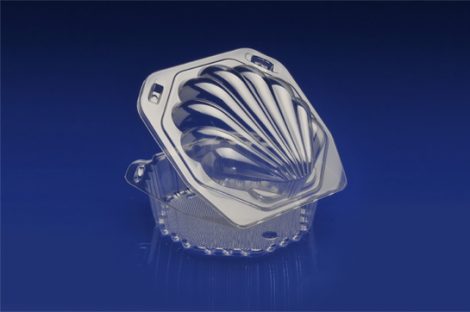 CSS-6X25<br></br> 6″ CLEAR HINGED CONTAINER, SEASHELL DESIGN <br></br> 6 Tiers x 6 cases per tier = 36 cases per pallet