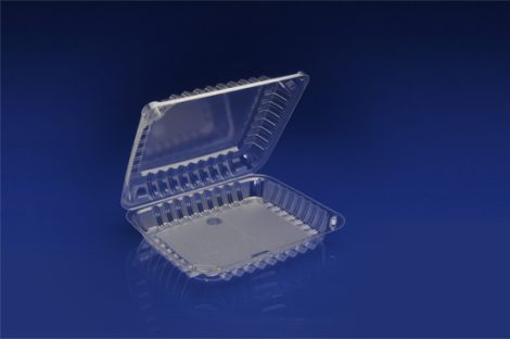 CHC-8X1<br></br>  8” CLEAR HINGED CONTAINER, 2 ¼ DEEP<br></br> 5 Tiers x 9 cases per tier = 45 cases per pallet