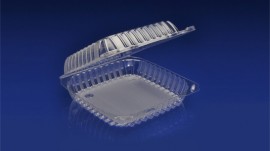 CHC-9X3<br></br> 9″ CLEAR HINGED CONTAINER, 3” DEEP – (SINGLE COMPARTMENT)<br></br> 5 Tiers x 6 cases per tier = 30 cases per pallet