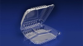 CHC-9X3D<br></br> 9″ CLEAR HINGED CONTAINER, 3” DEEP – 3 COMPARTMENT <br></br>5 Tiers x 6 cases per tier = 30 cases per pallet