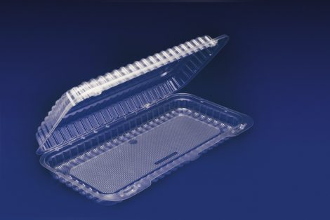 CHC-1151<br></br> 11″ OBLONG/SHALLOW HINGED CONTAINER </br> </br> 6 Tiers x 6 cases per tier = 36 cases per pallet